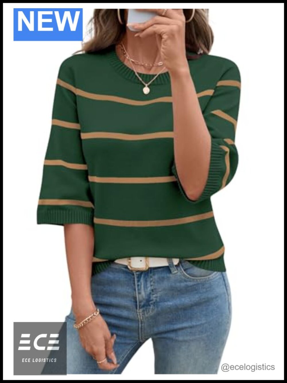LOMON Womens Lightweight Knit Striped 3/4 Sleeve Pullover Sweater